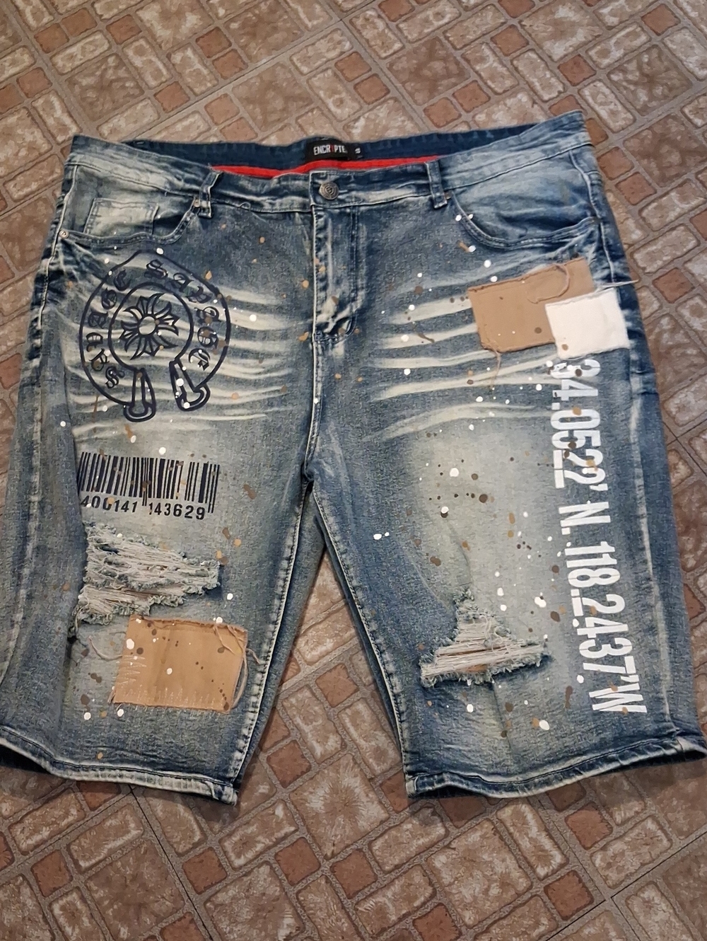 Men's Washed Blue Graphic Denim Jean Shorts Streetwear Size 44